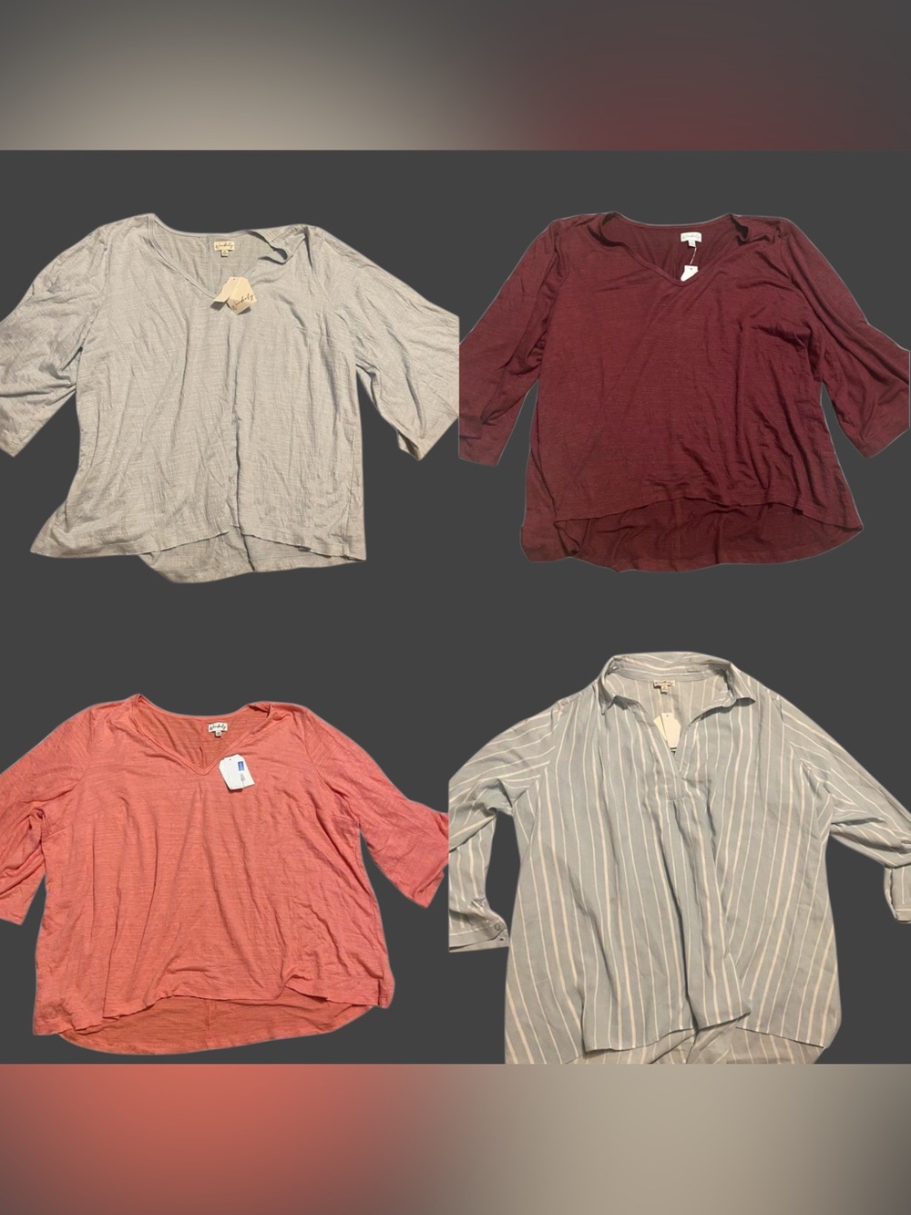 Wonderly Women's Long Sleeve V-Neck Tops - Gray, Burgundy, Coral, Stripe